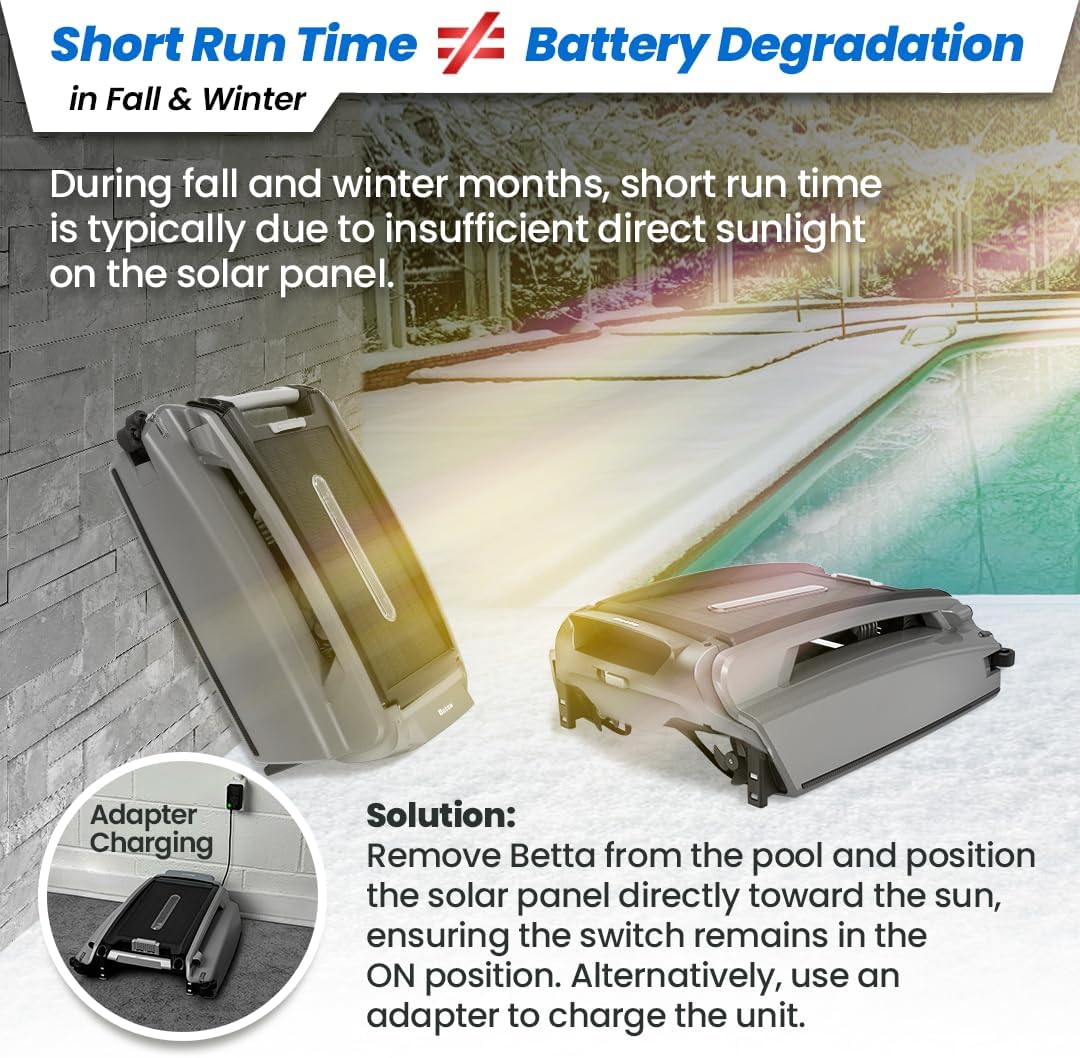 Betta SE Plus - Solar-Powered Robotic Pool Skimmer with 24/7 Continuous Cleaning Power, Dual Charging Options, Twin Salt Chlorine Tolerant Motors, and Shallow Water Safeguard
