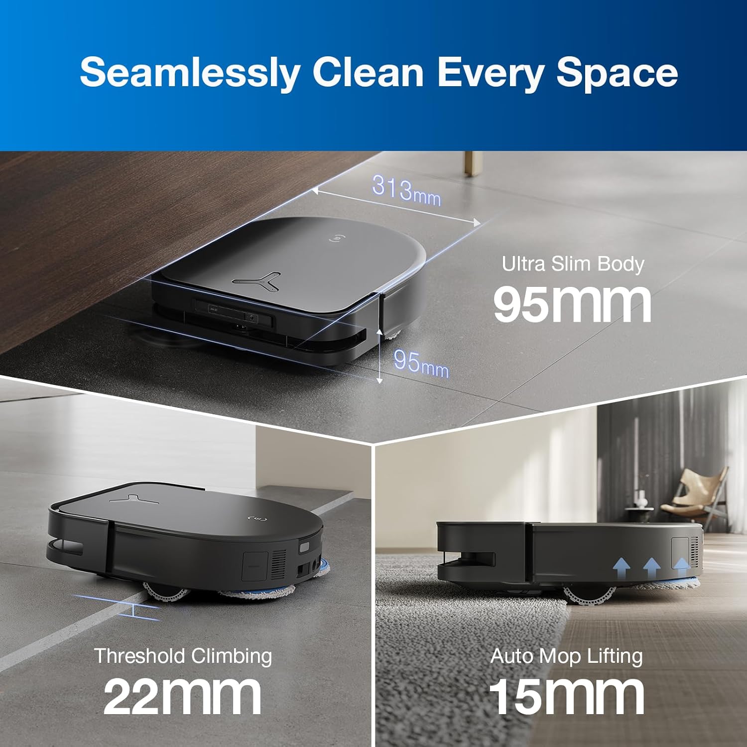 ECOVACS DEEBOT T50 PRO Omni Robot Vacuum and Mop, 3.19” Ultra-Slim, 15,000Pa Suction, ZeroTangle 2.0, TruEdge Edge Cleaning, AIVI 3D Obstacle Avoidance, Auto Mop Wash & Dry, Self-Emptying