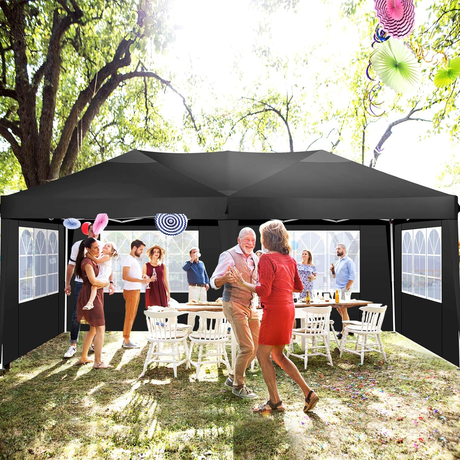 TOOLUCK Folding Gazebo Waterproof Stable Popup Foldable Gazebo Anti-UV Garden Gazebo with 6 Side Panels