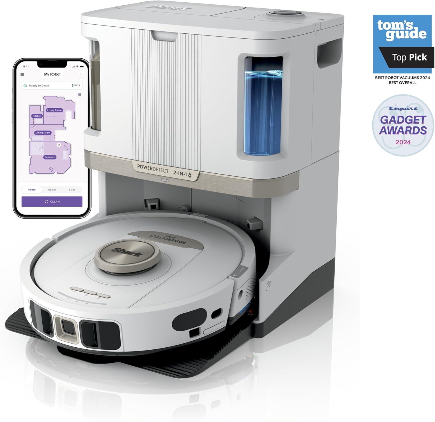 Shark Robot Vacuum & Mop Combo, PowerDetect NeverTouch Pro,Self-Emptying,Self-Refill with Self-Clean Pad Wash & Dry, 60-Day Debris Capacity,30-Day Refill Tank, 5PowerDetect Technologies,White,AV2800ZE