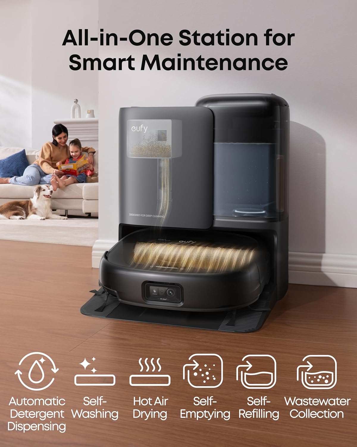 Eufy E25 Omni Robot Vacuum and Mop Combo, HydroJet System with Roller Mop, 20,000Pa, Zero-Tangling, Edge-to-Corner Cleaning, Obstacle Avoidance, Auto Mop Washing & Self-Emptying All-in-One Station
