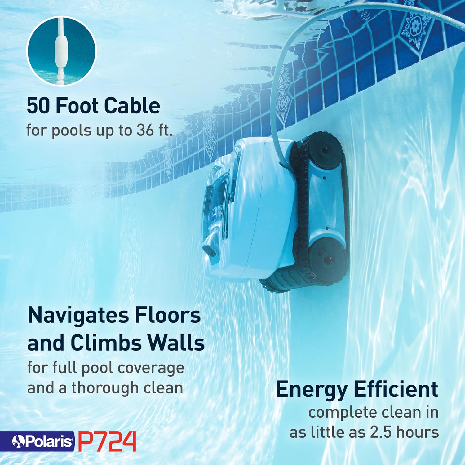 Polaris P724 Robotic Pool Cleaner, Lightweight Energy-Efficient Cleaner Perfect for In-Ground Pools up to 36-Feet, Cleans in as Little as 2.5 Hours