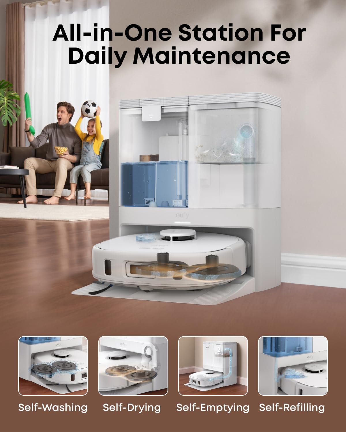 eufy X10 Pro Omni Robot Vacuum and Mop Combo, 8,000 Pa Suction, Dual Mops with 12 mm Auto-Lift and Carpet Detection, AI Obstacle Avoidance, Auto Mop Washing, Auto Drying, Self-Emptying, Self-Refilling