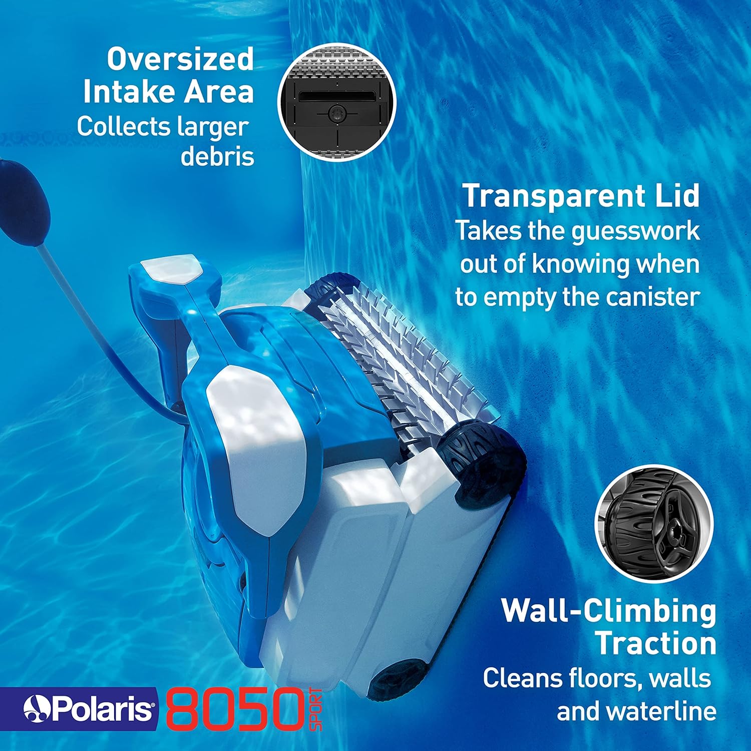 Polaris 8050 Sport Robotic Pool Cleaner, Automatic Vacuum for InGround Pools up to 40ft, Wall Climbing Vac w/ Strong Suction & Easy Access Transparent Lid