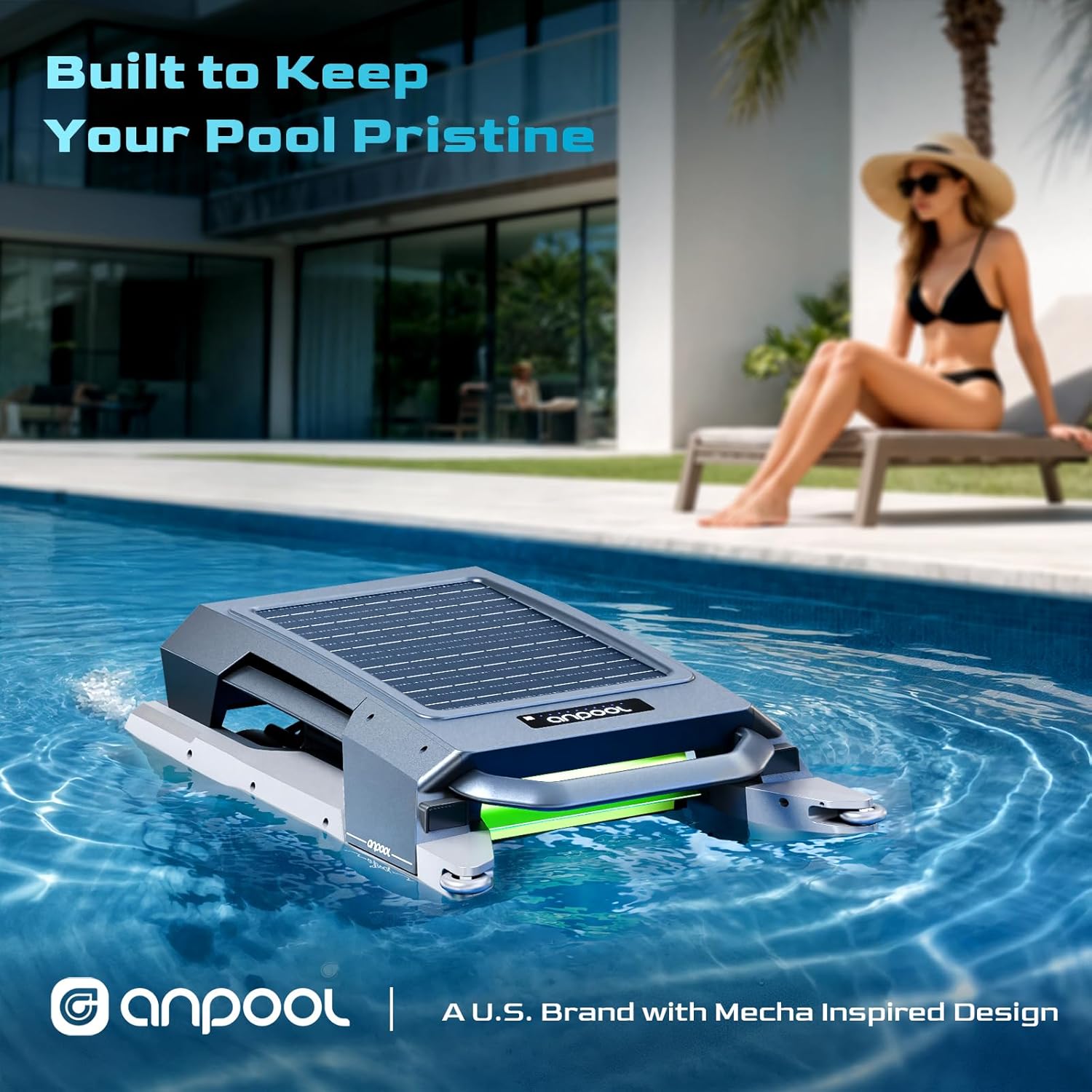 A US-Inspired Brand Anpool P1 Automatic Pool Cleaners for Above-Ground & In-Ground Pools, Robotic Pool Cleaner with Solar & DC Charging, 72H Runtime, Anti-UV, Anti-Stuck Smart Obstacle Avoidance