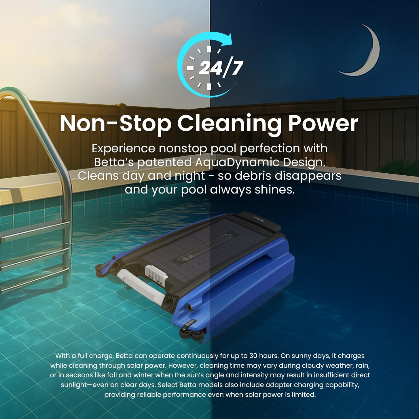 Betta SE Solar Powered Automatic Robotic Pool Surface Skimmer Cleaner with 24/7 Continuous Cleaning Battery Power and Re-Engineered Twin Salt Chlorine Tolerant Motors (White)