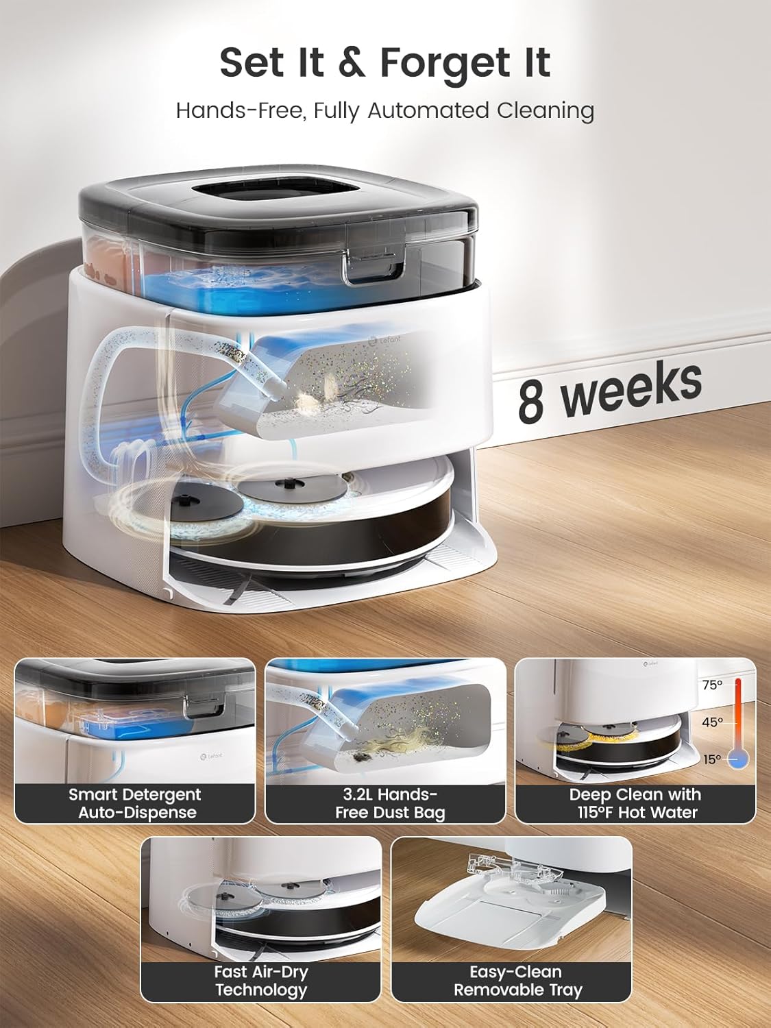 Lefant M3 Robot Vacuum, Robot Vacuum and Mop, 12000Pa Suction, Anti-Tangle Brushes, Dual Spinning Mop, Auto Mop Washing, Drying, Self-Emptying, Self-Refilling, for Pet Hair Dust, App Voice Control