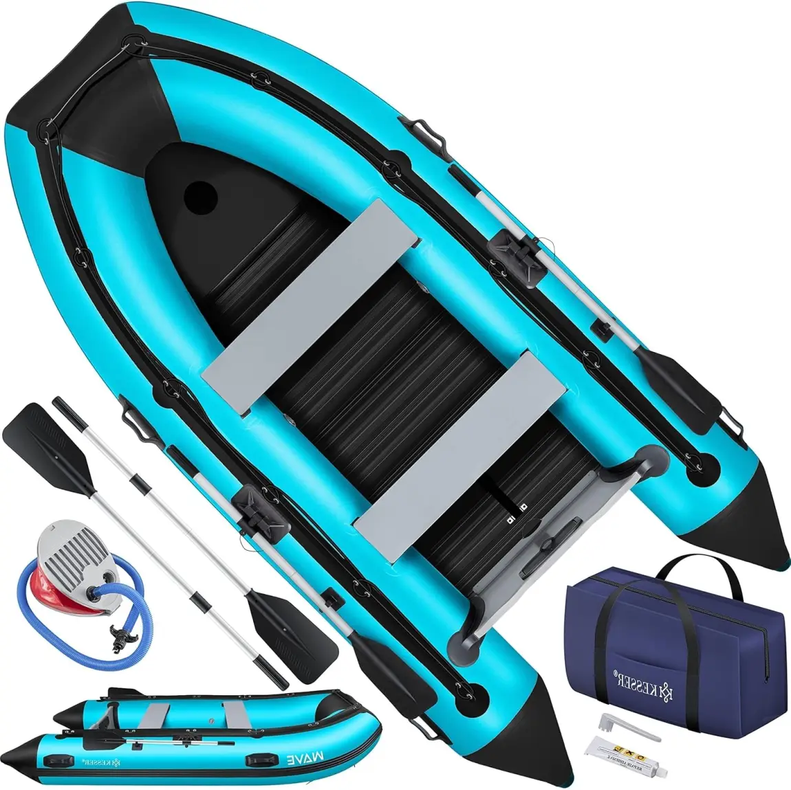 KESSER® Inflatable Boat 3.20 m for 4 People - Wave Motor Suitable Leisure Boat Paddle Boat Motor Boat Fishing Boat - with 2 Benches - Aluminium Base Paddle Pump Repair Kit & Bag Inflatable PVC