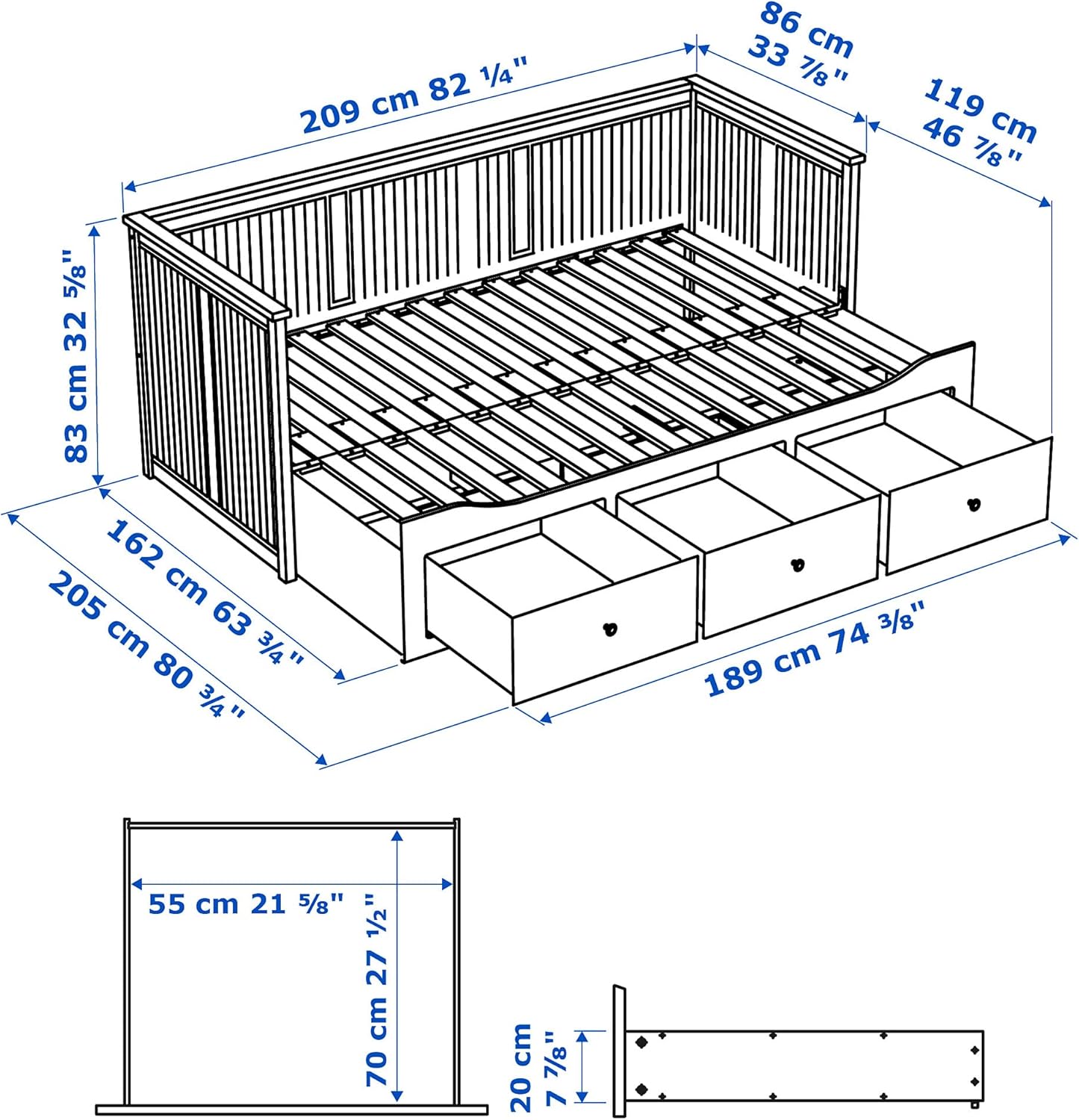 IKEA HEMNES Day-Bed w 3 Drawers/2 mattresses, 80x200 cm, Grey/Vannareid Extra Firm