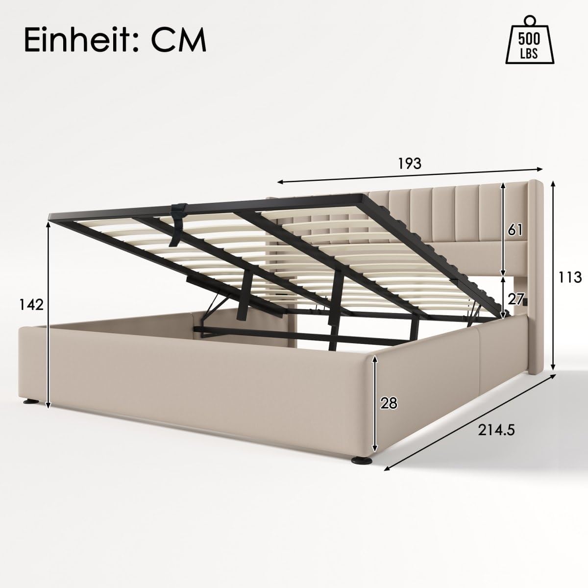 Sweiko Upholstered Linen Bed 180 x 200 cm Hydraulic with Vertical Stripe Design
