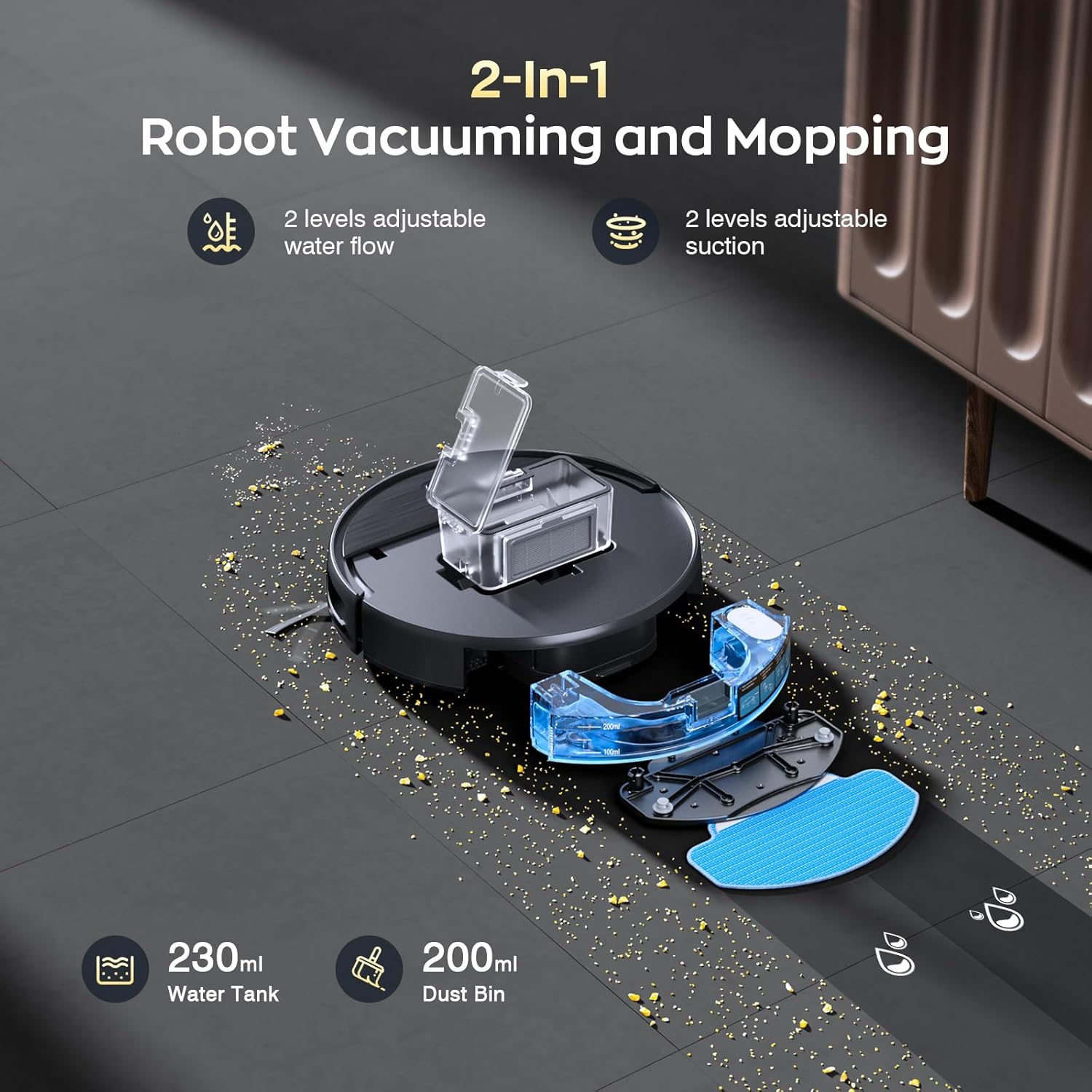 Robot Vacuum and Mop Combo, 2 in 1 Sweeping robot Cleaner with WiFi/App, Robot Vacuum with Water Tank, Strong Suction, Schedule, Self-Charging, Quiet, for Hard Floor, Pet Hair, Low Pile Carpet