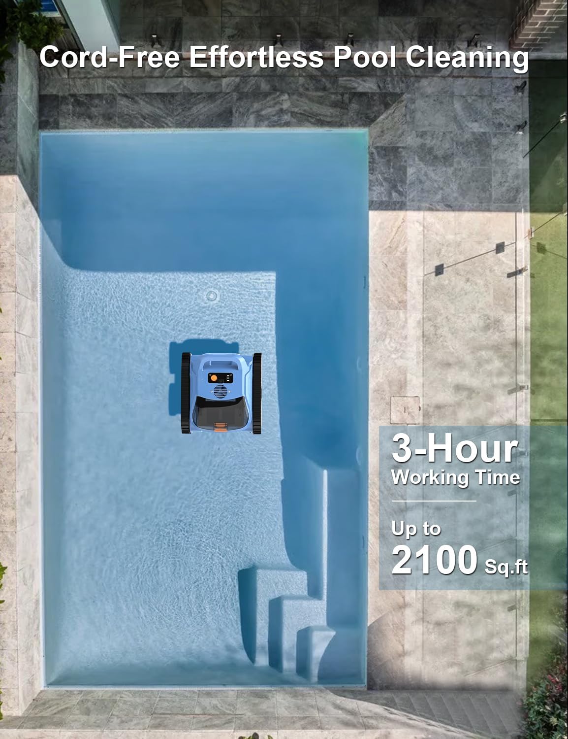Cordless Robotic Cleaner, Pool Vacuum for Inground Pools up to 2100 Sq.ft, Pool Robot Vacuum Lasts Up to 180 Mins, Pool Cleaner for Wall, Floor and Auto Mode