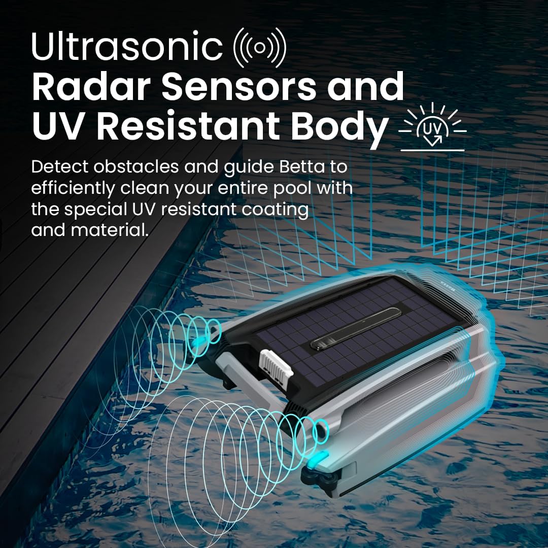 Betta SE Plus - Solar-Powered Robotic Pool Skimmer with 24/7 Continuous Cleaning Power, Dual Charging Options, Twin Salt Chlorine Tolerant Motors, and Shallow Water Safeguard