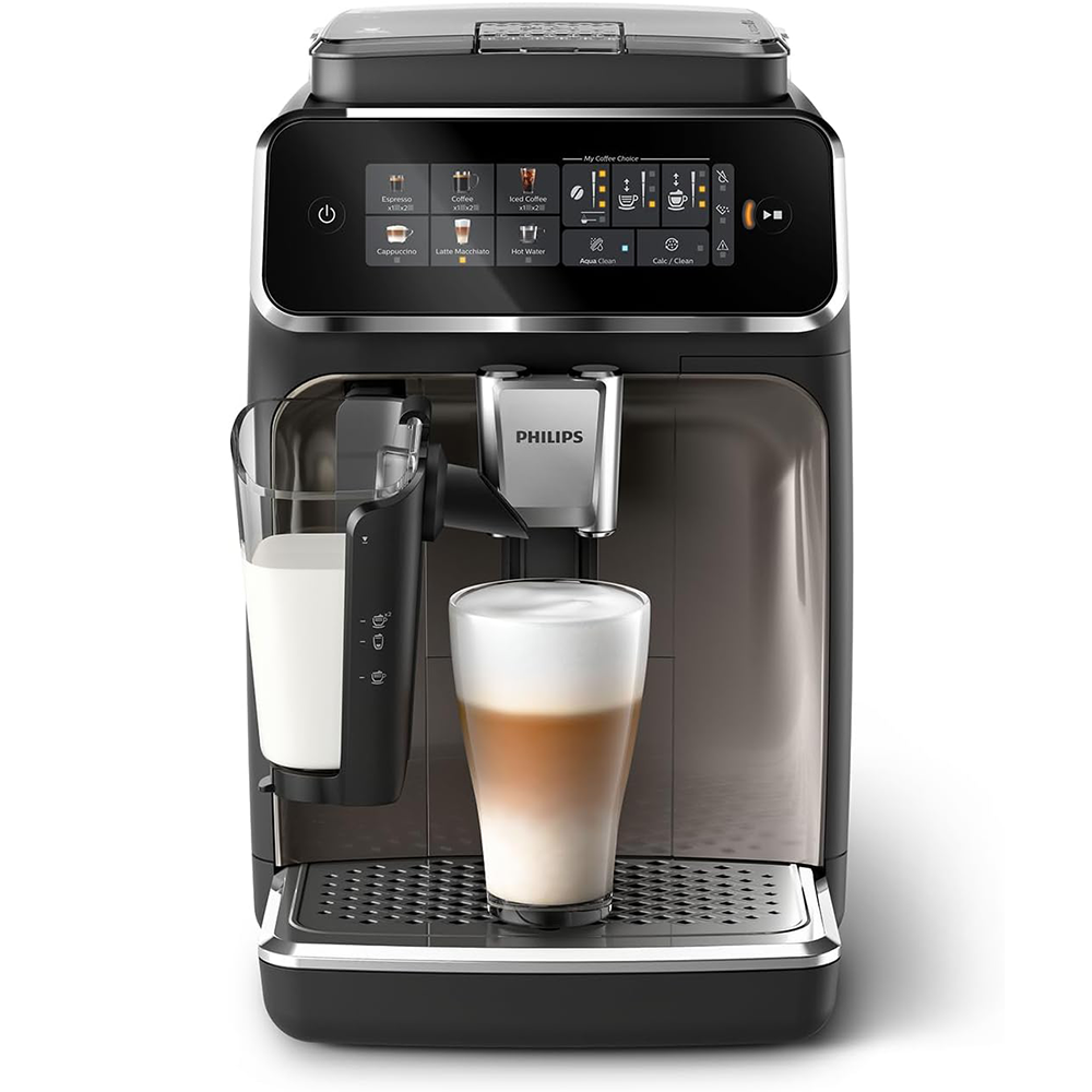 Philips 3300 Series Fully Automatic Espresso Machine - 6 Drinks, Modern Colour Touch Screen Display, LatteGo Milk System, SilentBrew, 100% Ceramic Grinder, AquaClean Filter, Black Chrome (EP3347/90)