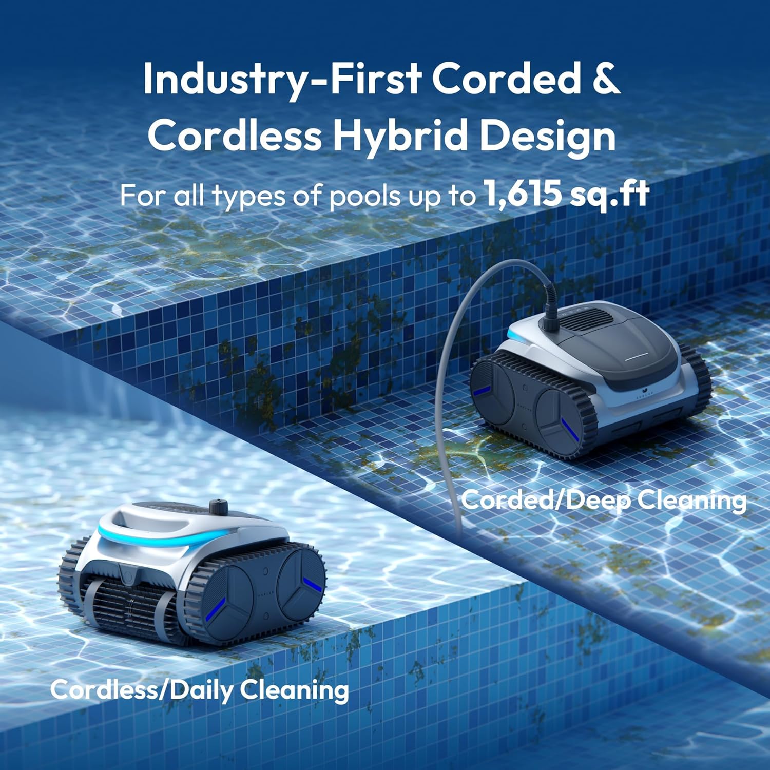 C20H Robotic Pool Cleaner, Corded & Cordless - Hybrid Pool Vacuum Robot, Superior Suction, Smart Navigation, APP Control, Floor/Wall/Waterline, for Above & In-ground Pools up to 1,615 Sq.Ft