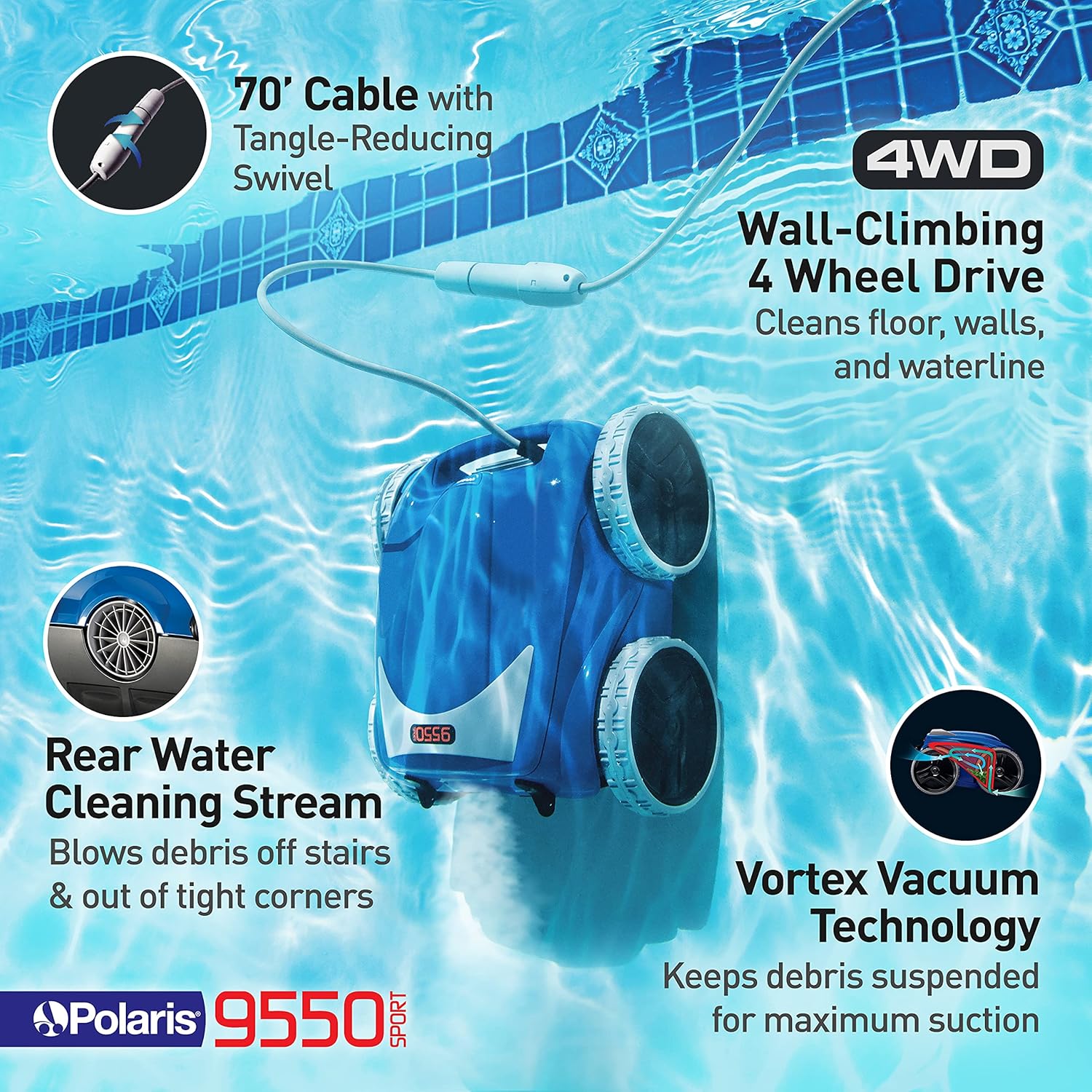 Polaris 9550 Sport Robotic Pool Cleaner, Automatic Vacuum for InGround Pools up to 60ft, 70ft Swivel Cable, Remote Control, Wall Climbing Vac w/Strong Suction & Easy Access Debris Canister