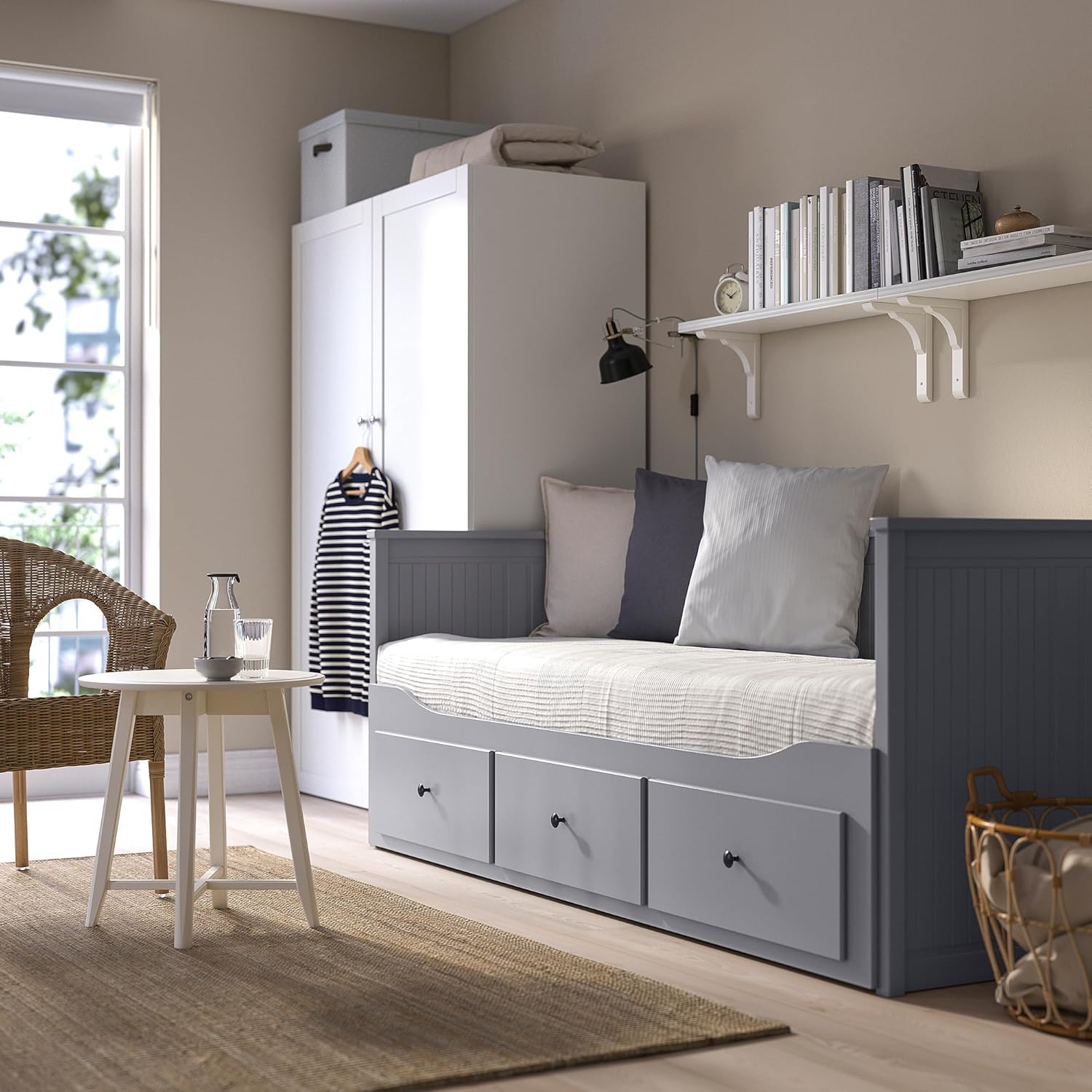 IKEA HEMNES Day-Bed w 3 Drawers/2 mattresses, 80x200 cm, Grey/Vannareid Extra Firm