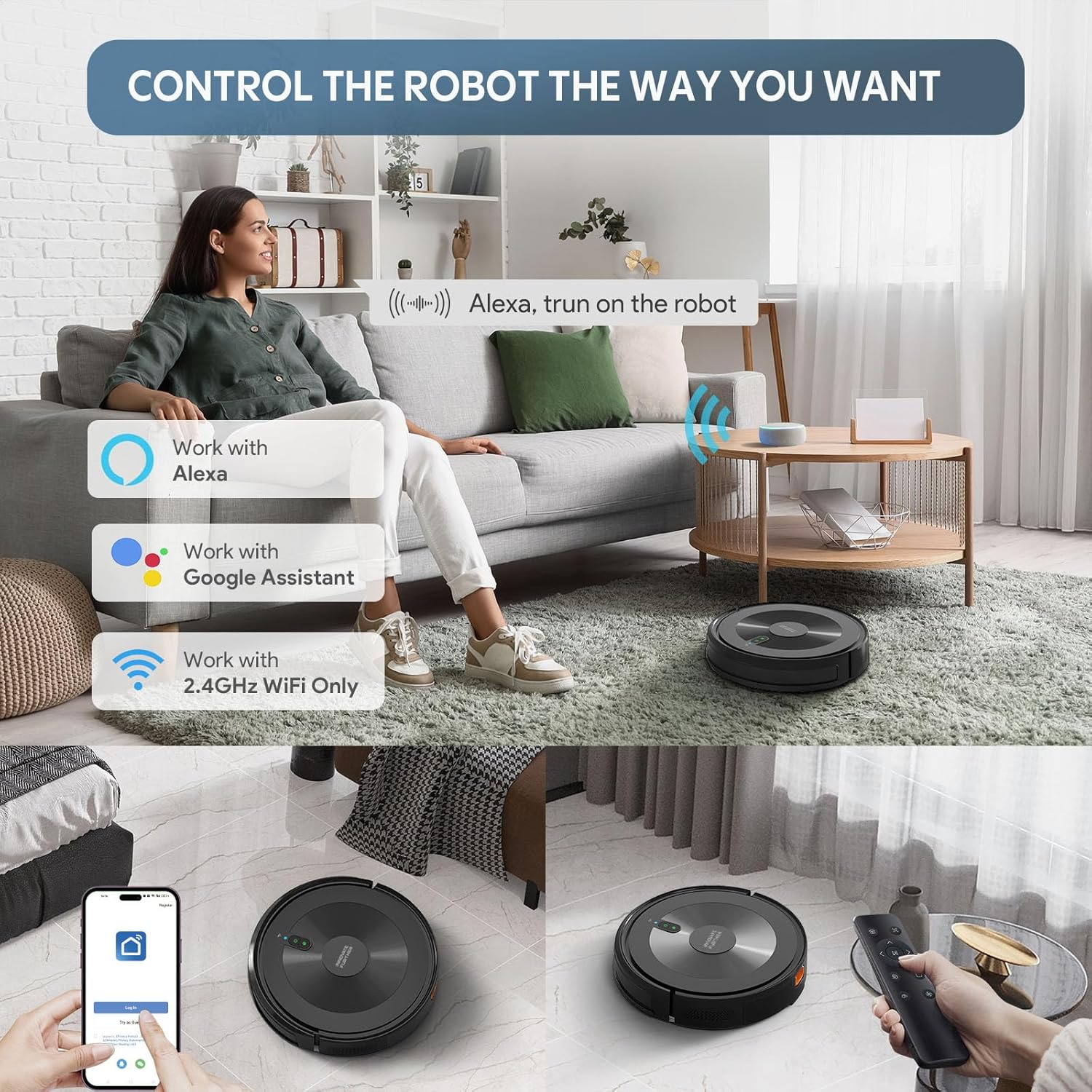 Robot Vacuum and Mop Combo: 3000Pa Suction Sweeping robot 120Mins Runtime & APP/Voice/Remote & Scheduled & Self-Charging, Slim Robot Vacuum Cleaner for Home Hard Floor, Low-Pile Carpet, Pet Hair