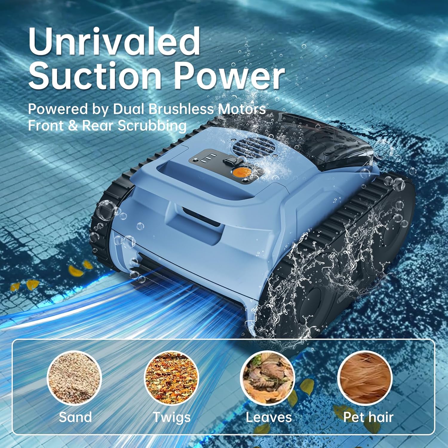 Cordless Robotic Pool Vacuum, Pool Cleaner with Track Drive & Sonar Navigation, 180W Brushless Motor, Wall & Waterline Climbing, 150-Min Runtime, for Inground & Above-Ground Pools up to 2150 Sq. Ft.