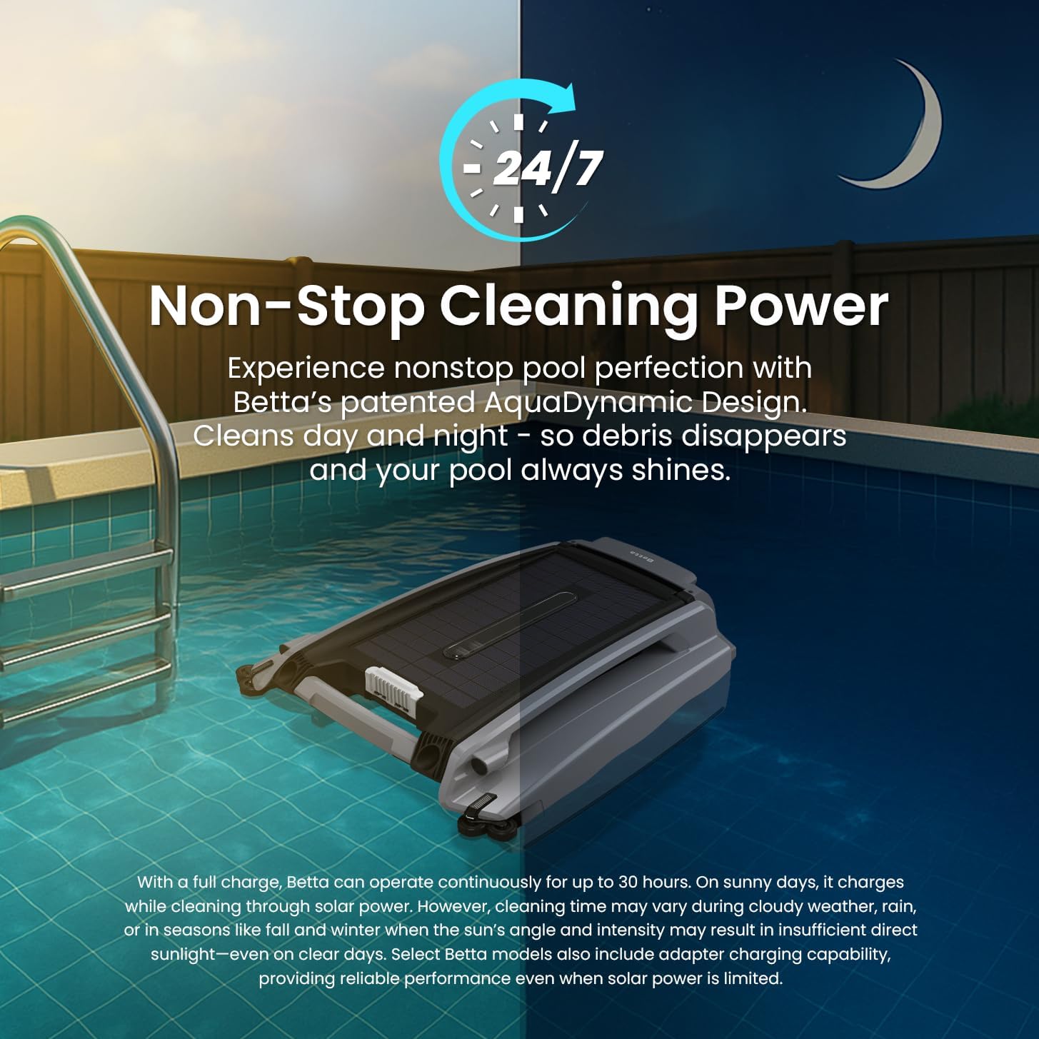 Betta SE Plus - Solar-Powered Robotic Pool Skimmer with 24/7 Continuous Cleaning Power, Dual Charging Options, Twin Salt Chlorine Tolerant Motors, and Shallow Water Safeguard