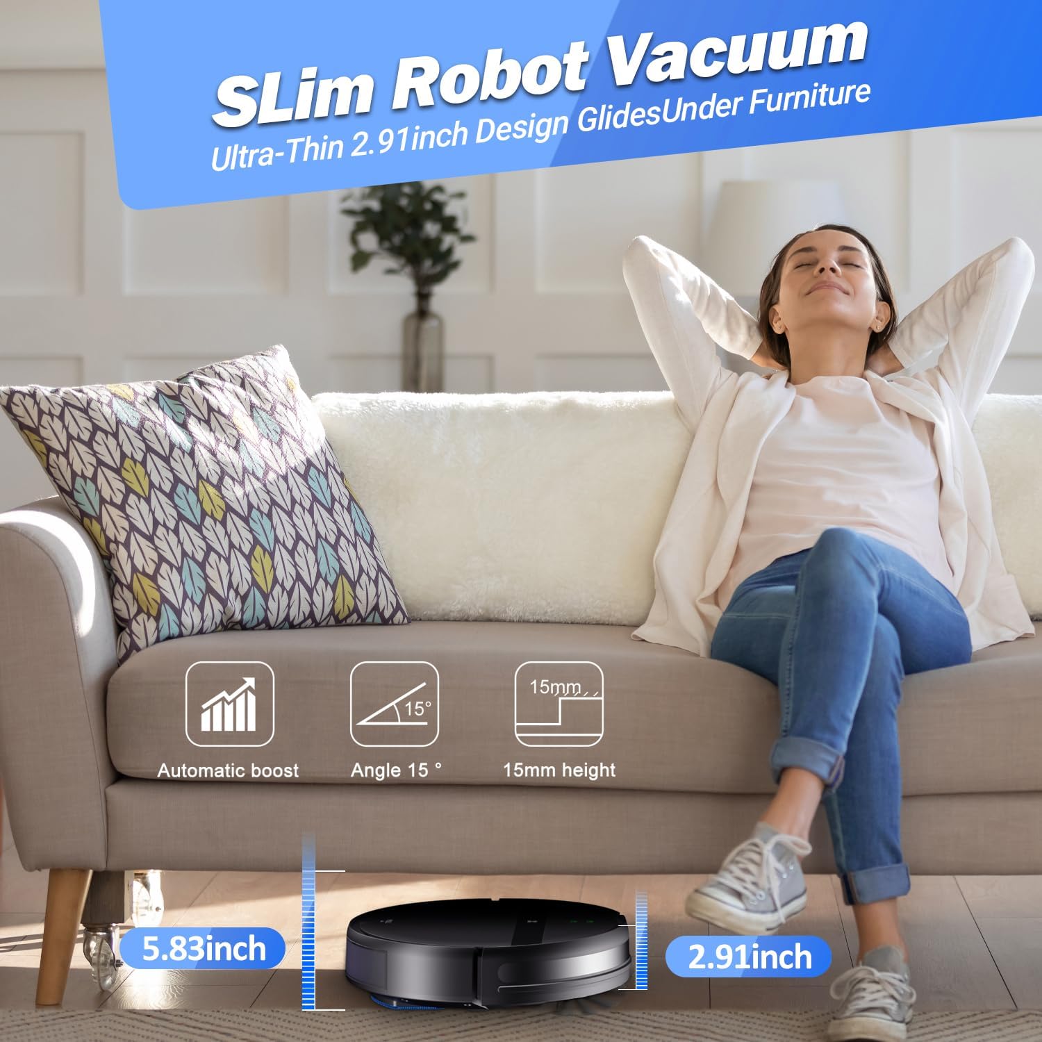 Robot Vacuum and Mop Combo for Large Homes & Pet Hair – Smart App/Voice, 2300Pa Sucktion, 120Min Clean, Ultra-Thin 2.87