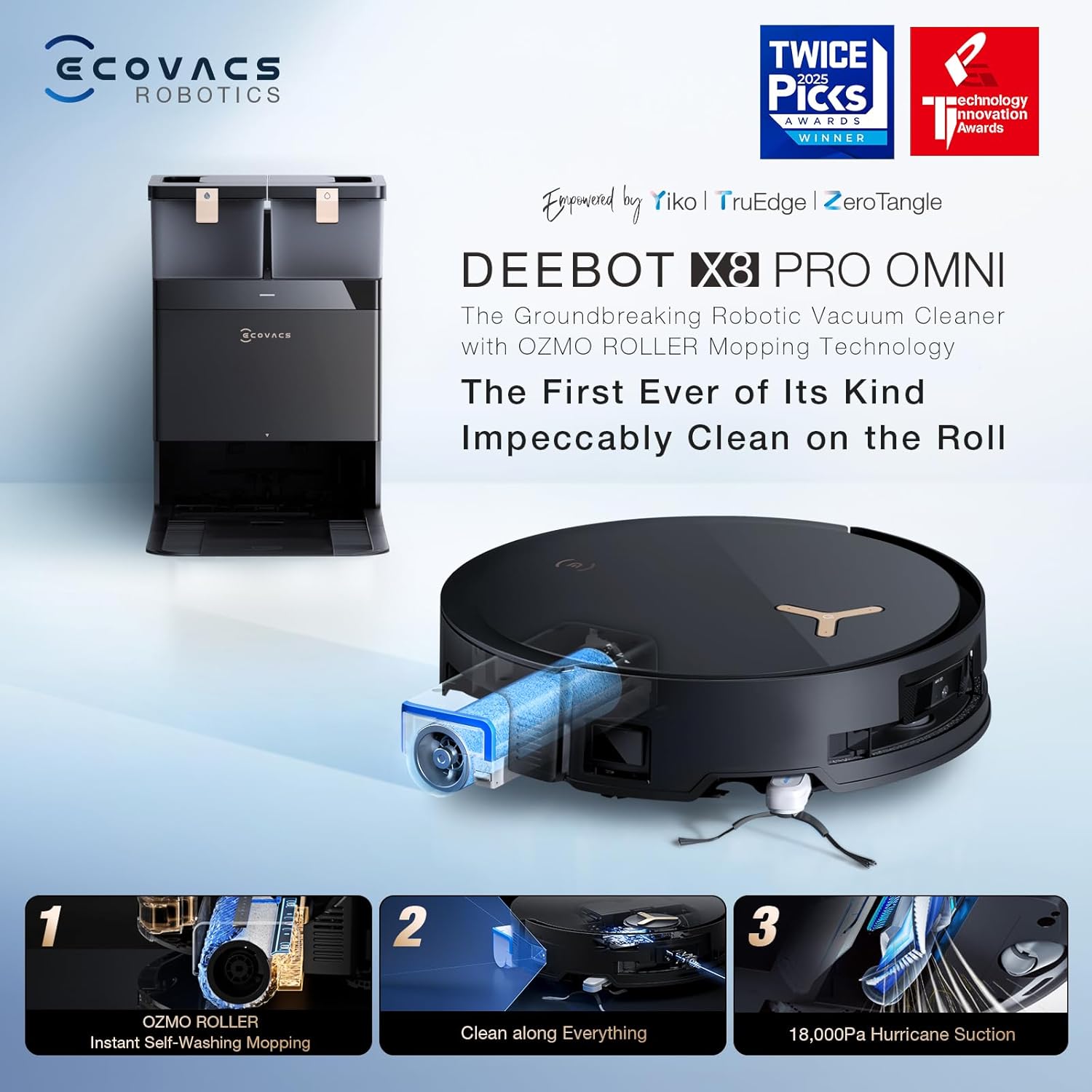 ECOVACS DEEBOT T50 PRO Omni Robot Vacuum and Mop, 3.19” Ultra-Slim, 15,000Pa Suction, ZeroTangle 2.0, TruEdge Edge Cleaning, AIVI 3D Obstacle Avoidance, Auto Mop Wash & Dry, Self-Emptying