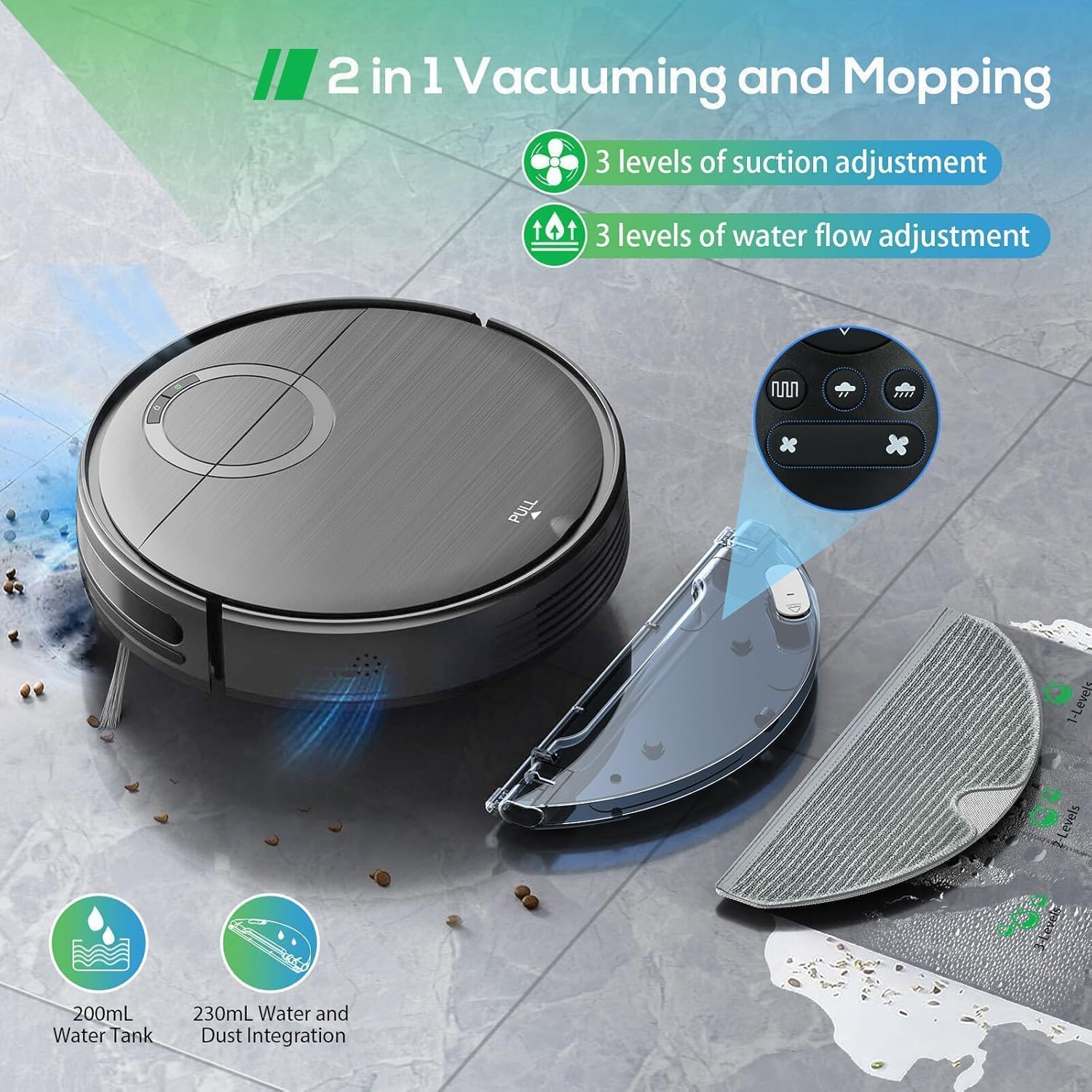 Robot Vacuum and Mop Combo, Robotic Vacuum Cleaner 2 in 1 Vacuuming Mopping with Schedule, Wi-Fi/App/Remote, Max Suction 2000Pa, Self-Charging, Slim, Ideal for Hard Floor, Pet Hair, Low-Pile Carpet