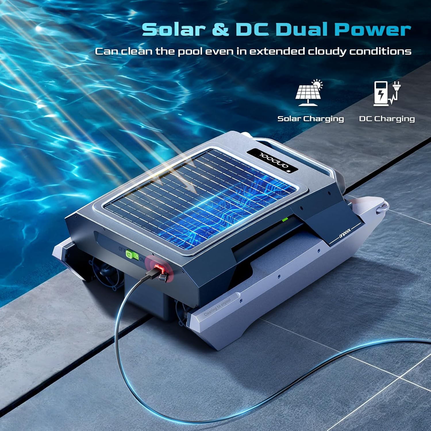 A US-Inspired Brand Anpool P1 Automatic Pool Cleaners for Above-Ground & In-Ground Pools, Robotic Pool Cleaner with Solar & DC Charging, 72H Runtime, Anti-UV, Anti-Stuck Smart Obstacle Avoidance