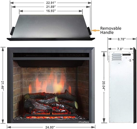 PuraFlame Western Electric Fireplace Insert with Fire Crackling Sound, Remote Control, 750/1500W, Black, 22 53/64 Inches Wide, 20 3/64 Inches High