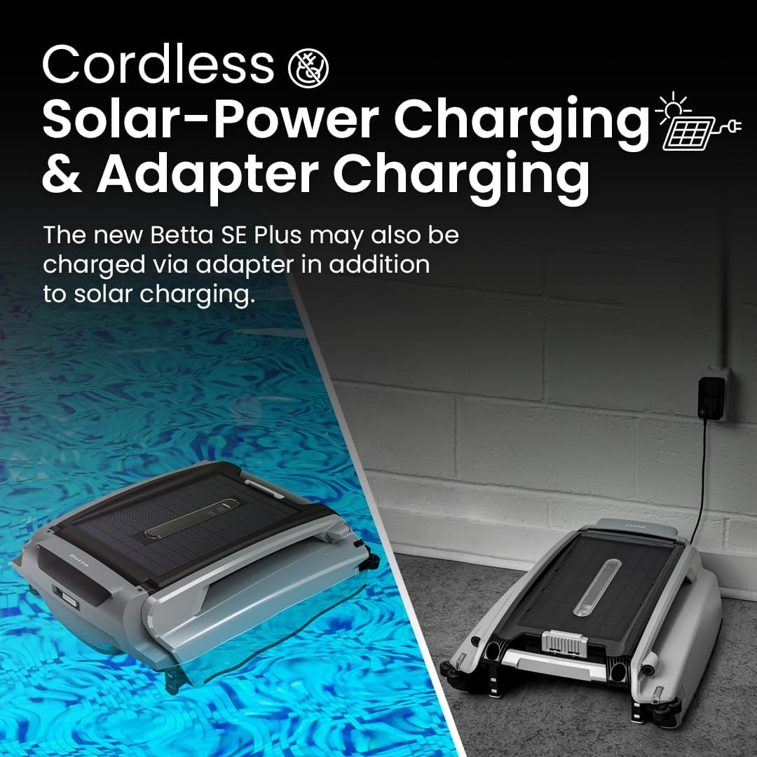 Betta SE Plus - Solar-Powered Robotic Pool Skimmer with 24/7 Continuous Cleaning Power, Dual Charging Options, Twin Salt Chlorine Tolerant Motors, and Shallow Water Safeguard