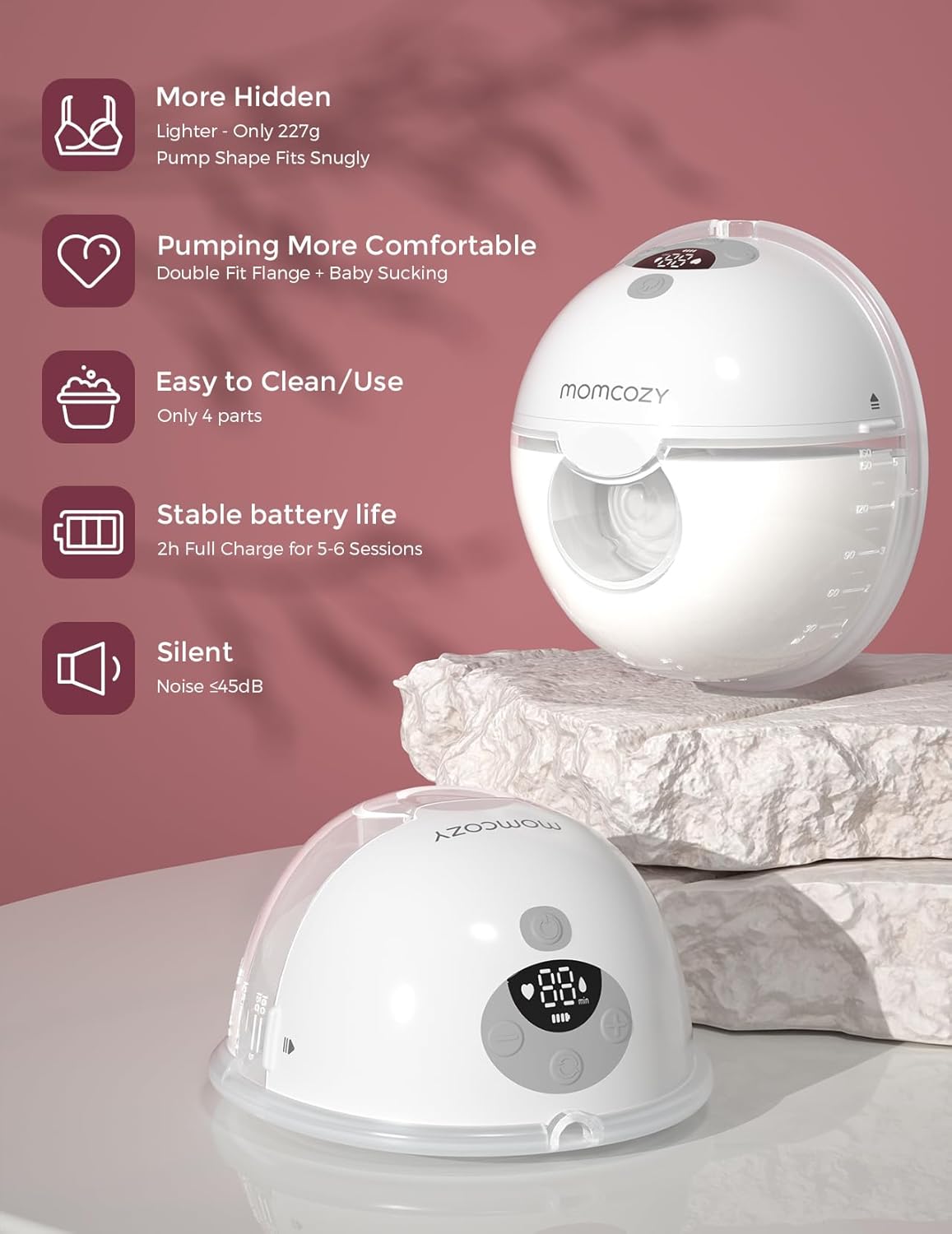 Momcozy M5 Hands Free Breast Pump, Wearable Pump of Baby Mouth Double-Sealed Flange with 3 Modes & 9 Levels, Electric & Portable Pump, 2 Pack, Gray