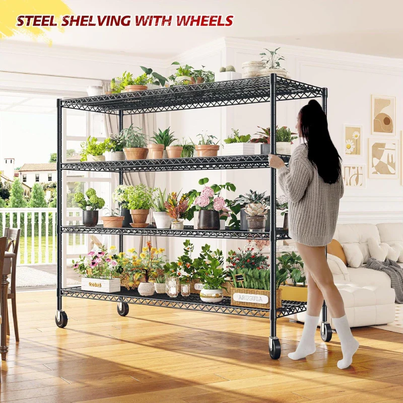 55.5“ W Wire Shelving Units With Wheels, 2500Lbs Heavy Duty Metal Garage Shelves, Adjustable Storage Rack for Pantry Kichen Commercial