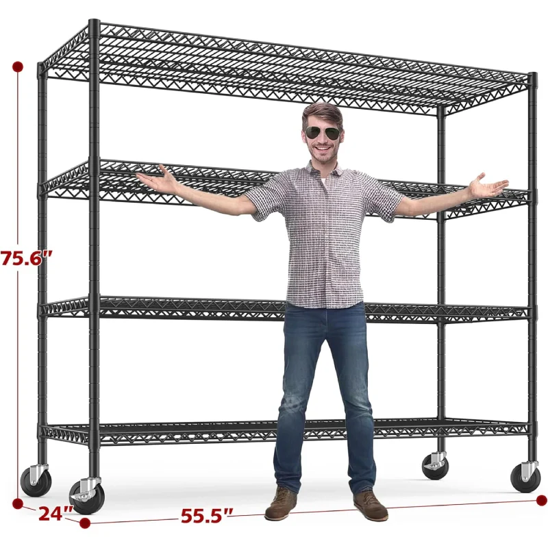 55.5“ W Wire Shelving Units With Wheels, 2500Lbs Heavy Duty Metal Garage Shelves, Adjustable Storage Rack for Pantry Kichen Commercial