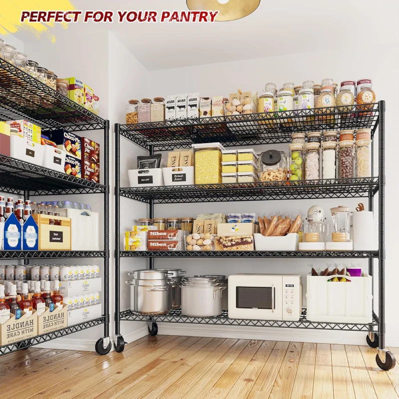 55.5“ W Wire Shelving Units With Wheels, 2500Lbs Heavy Duty Metal Garage Shelves, Adjustable Storage Rack for Pantry Kichen Commercial