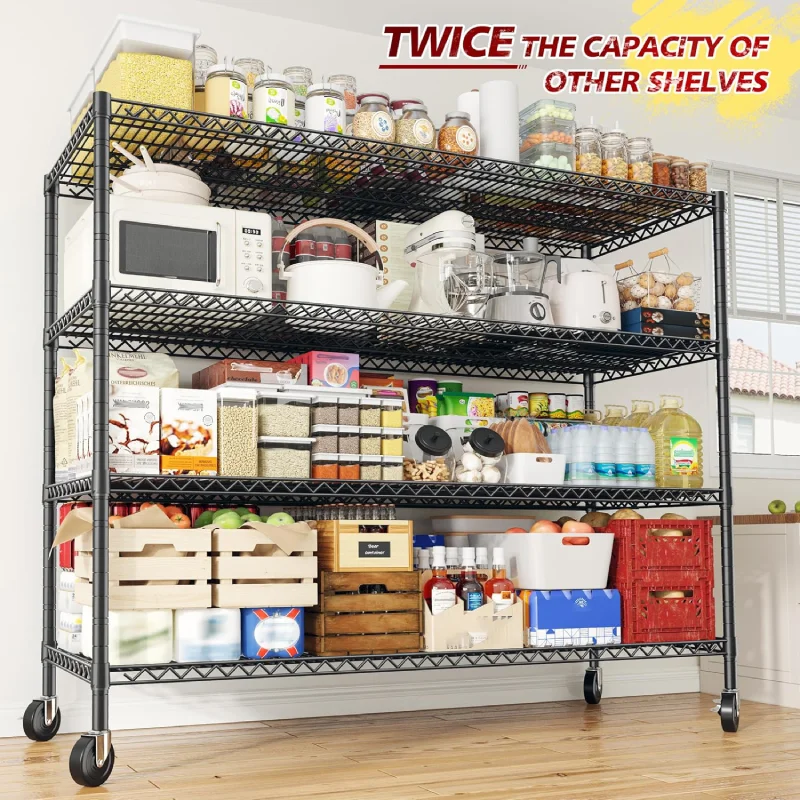 55.5“ W Wire Shelving Units With Wheels, 2500Lbs Heavy Duty Metal Garage Shelves, Adjustable Storage Rack for Pantry Kichen Commercial