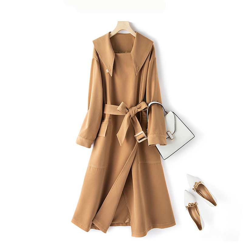Large size French casual windbreaker 2024 fashion temperament slim waist long coat for women