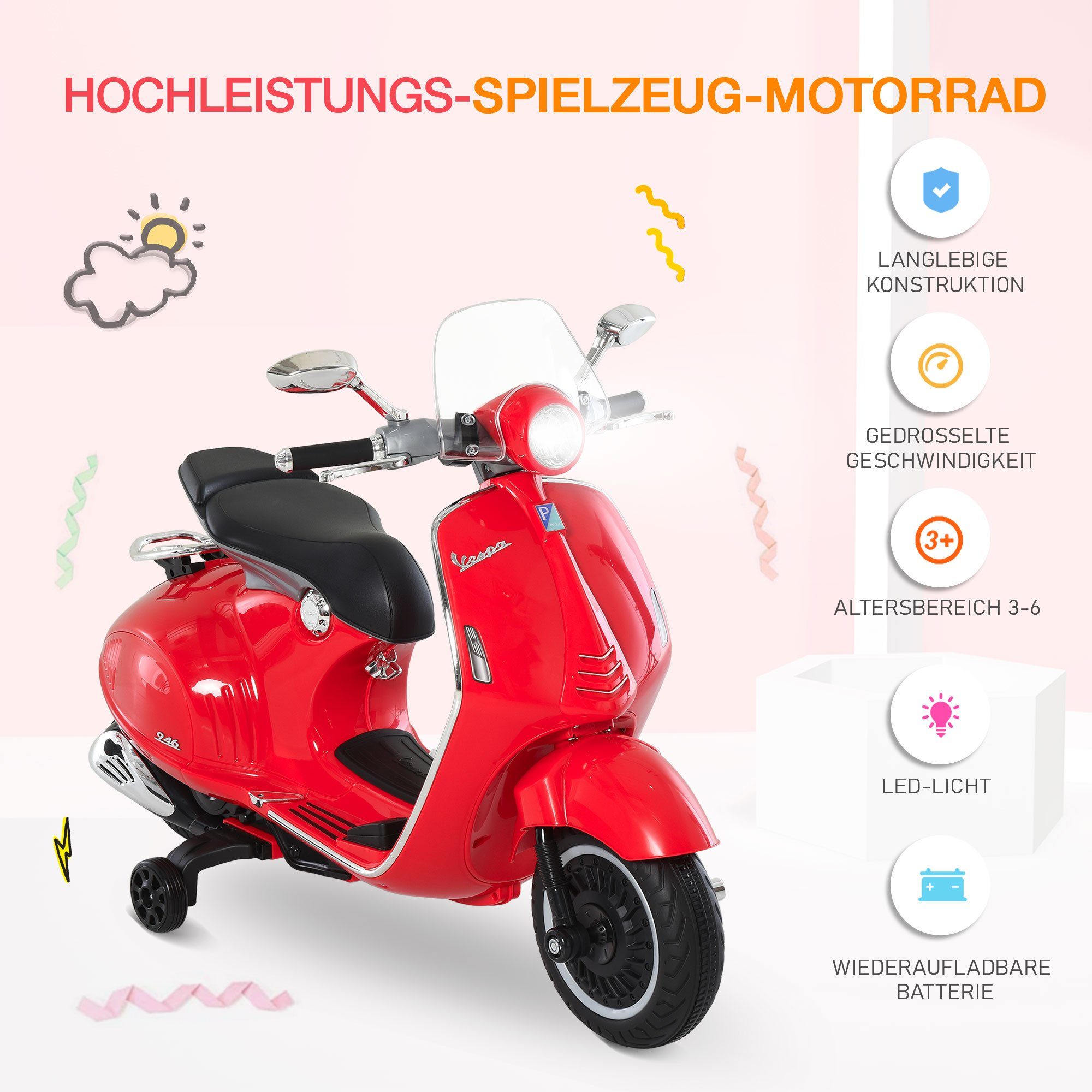 HOMCOM electric children's motorcycle children's vehicle with MP3 music lighting, 3-6 years, PP, white, load capacity 30 kg, (1 piece), 108L x 49W x 75H cm