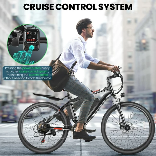Gocio 500W Electric Bike 26 Electric Bicycle for Adults with Cruise Control System Ebike, Mountain Bike with Removable 375Wh Lithium-Ion Battery 50 Miles, 21 Speed Commuter Bike for Man Woman