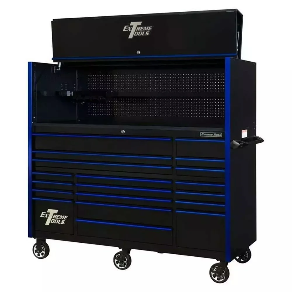EXTREME TOOLS 72 RX Series 19 Drawer 30 Deep Roller Cabinet with Bins - Black with Blue Drawer Pulls