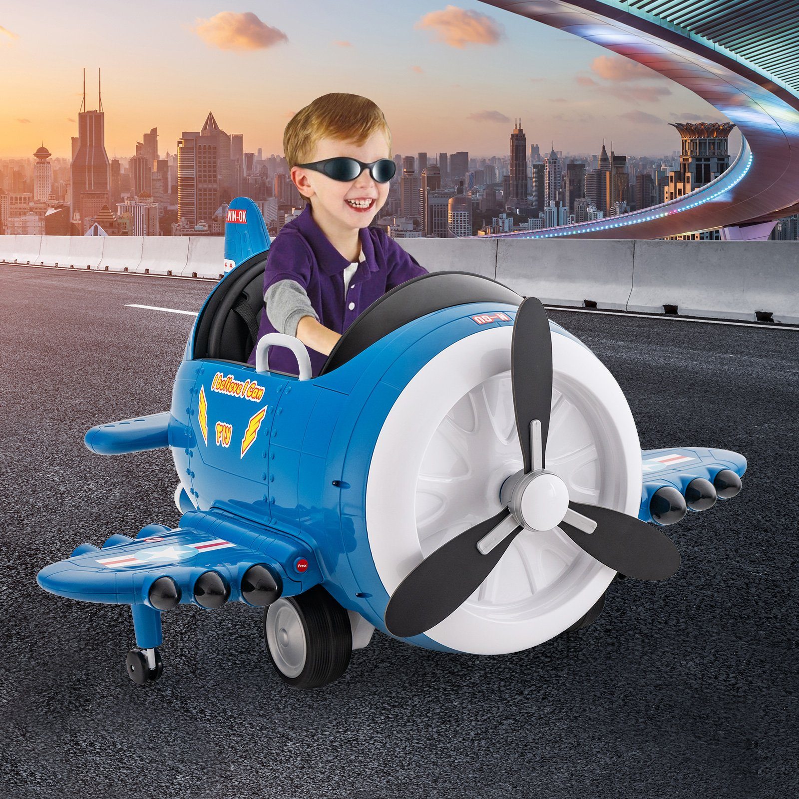 COSTWAY Electric Children's Car Electric Airplane with Propeller Airplane Toy