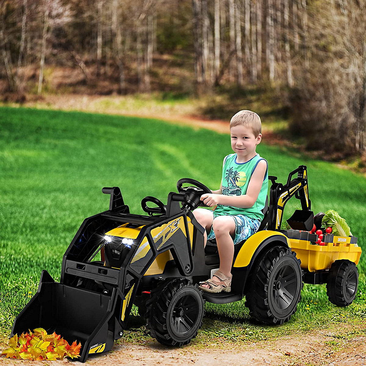 COSTWAY® 12V Traktor mit Anhänger Elektroauto mit Fernbedienung & Musik gelb