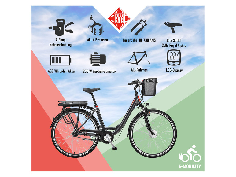 TELEFUNKEN TELEFUNKEN E-Bike »Multitalent RC657-S«, Pedelec, Citybike, 28 Zoll, 100 km Reichweite