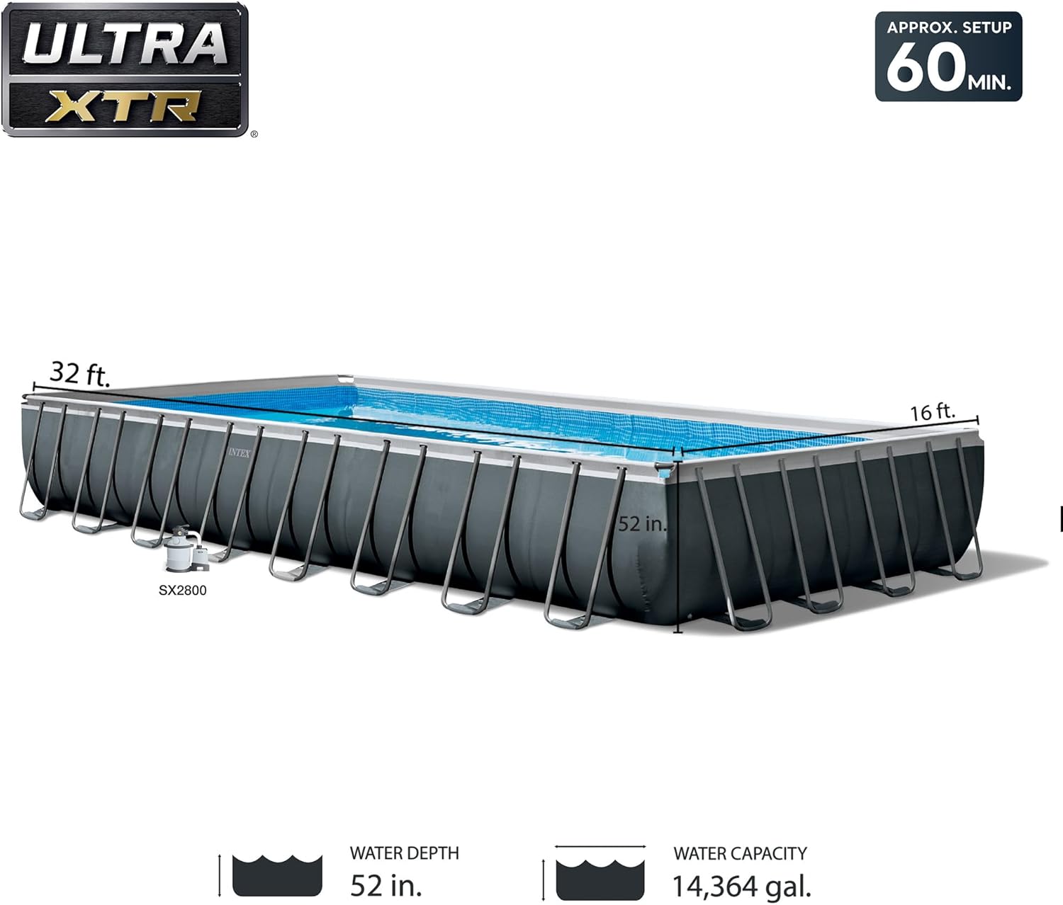 Intex 26373EH 32ft x 16ft x 52in Ultra XTR Frame Above Ground Rectangular Swimming Pool Set with Sand Filter Pump, Ladder, Cover, & Maintenance Kit