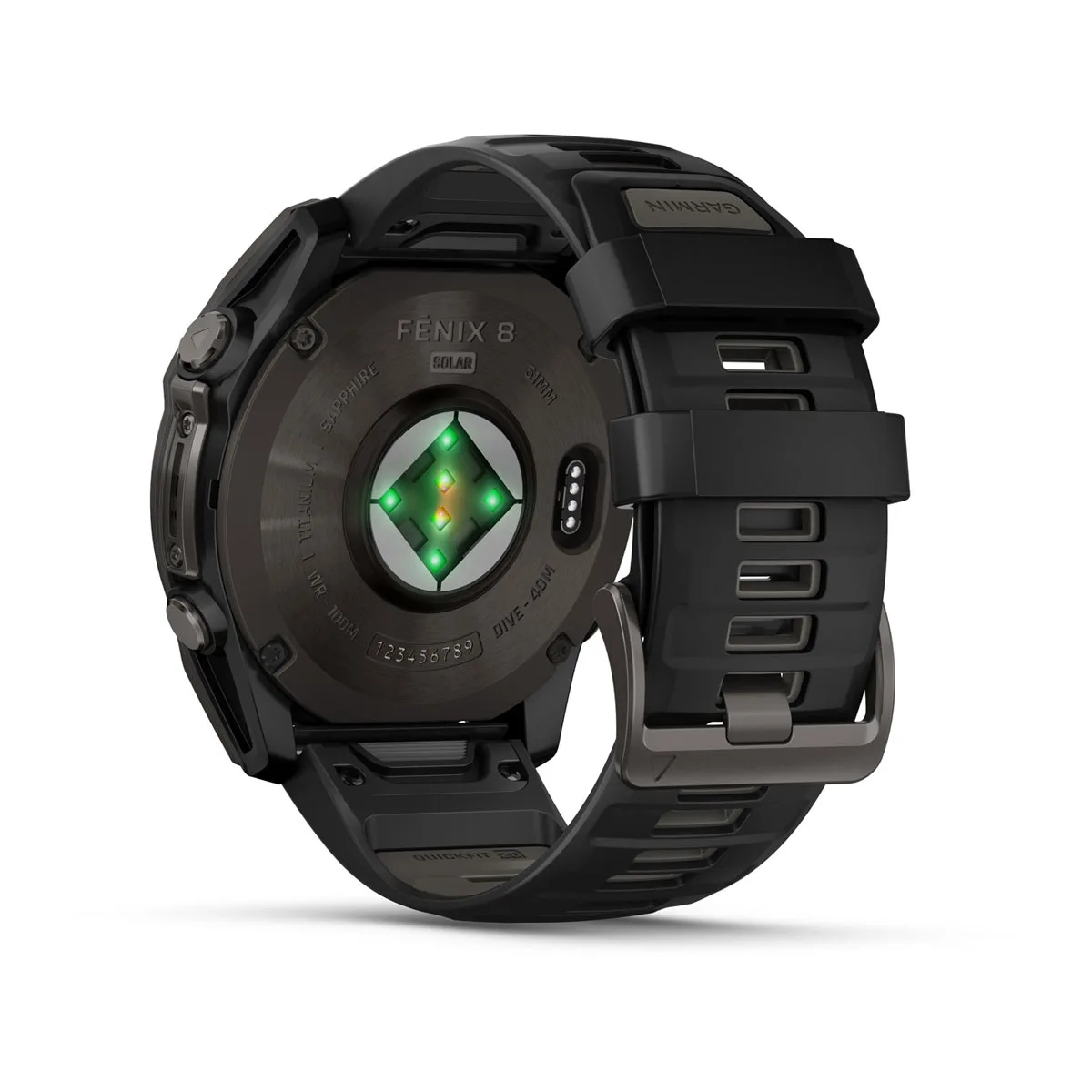 fēnix® 8 – 51 mm, Solar Sapphire, Carbon Gray DLC Titanium with Black/Pebble Gray Silicone Band