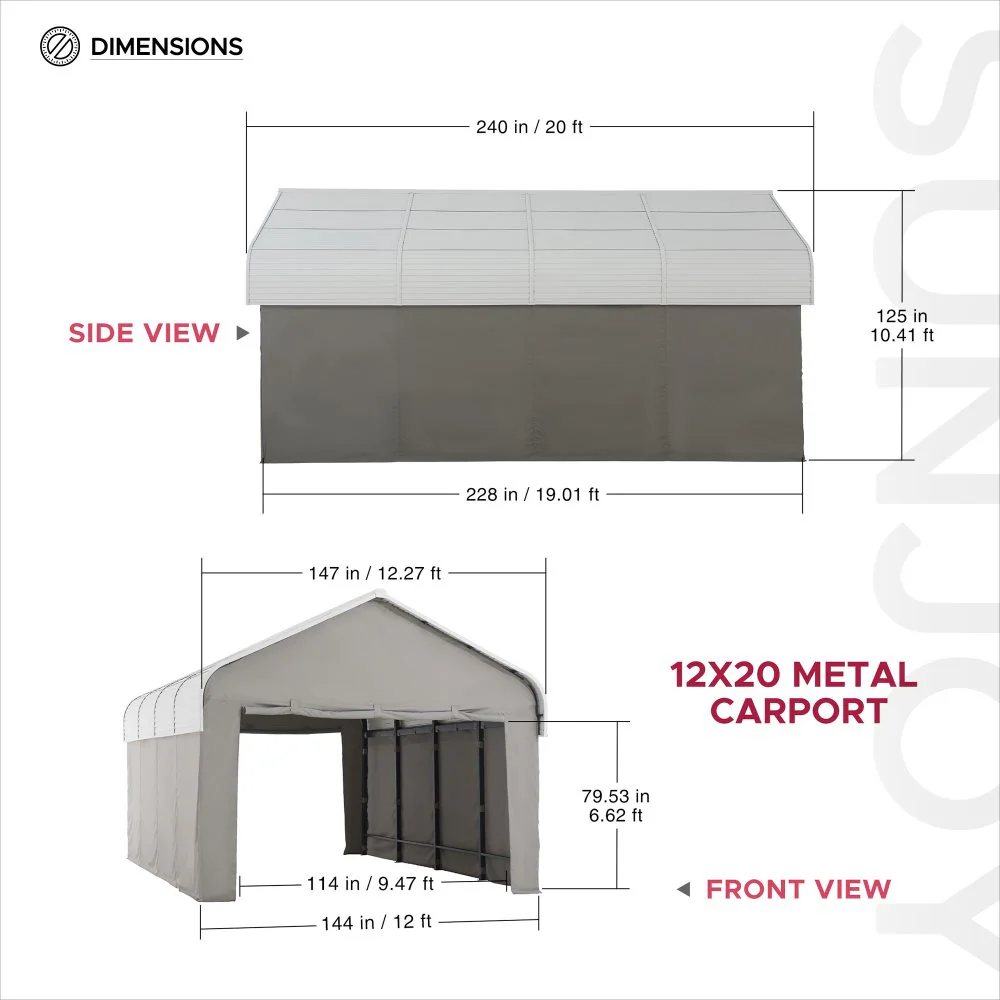 SUNJOY 12x20 Enclosed Carport Kit Metal Roof Gazebo with Fabric Cover