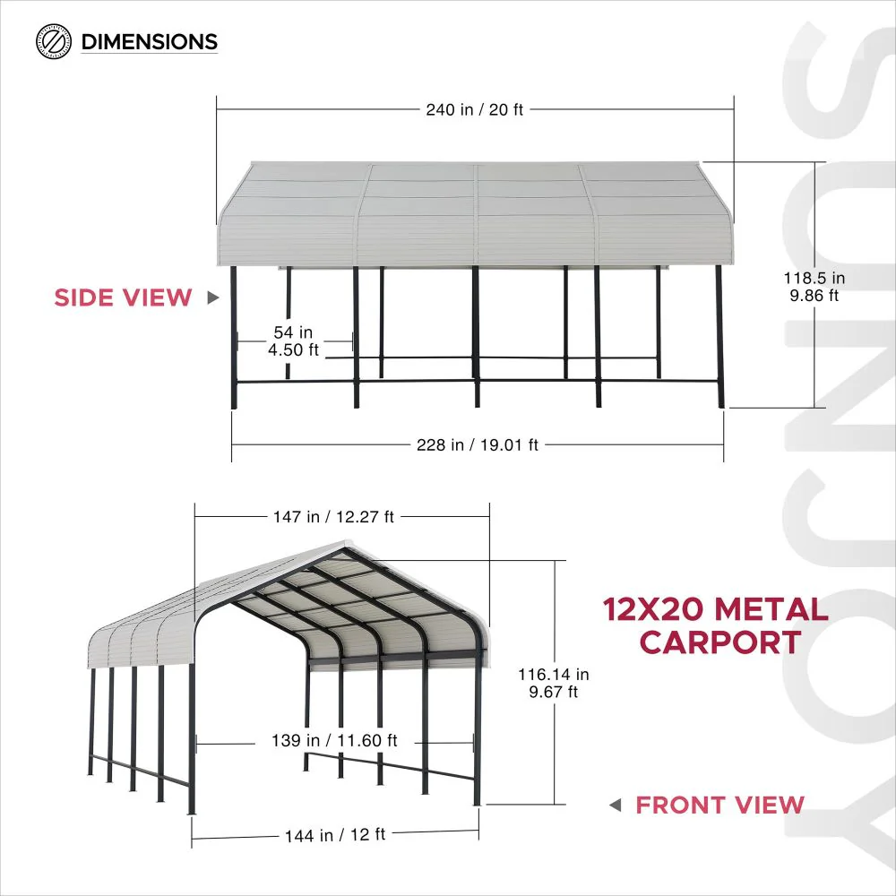 SUNJOY 12x20 Heavy Duty Metal Carport Gazebo with Ceiling Hook