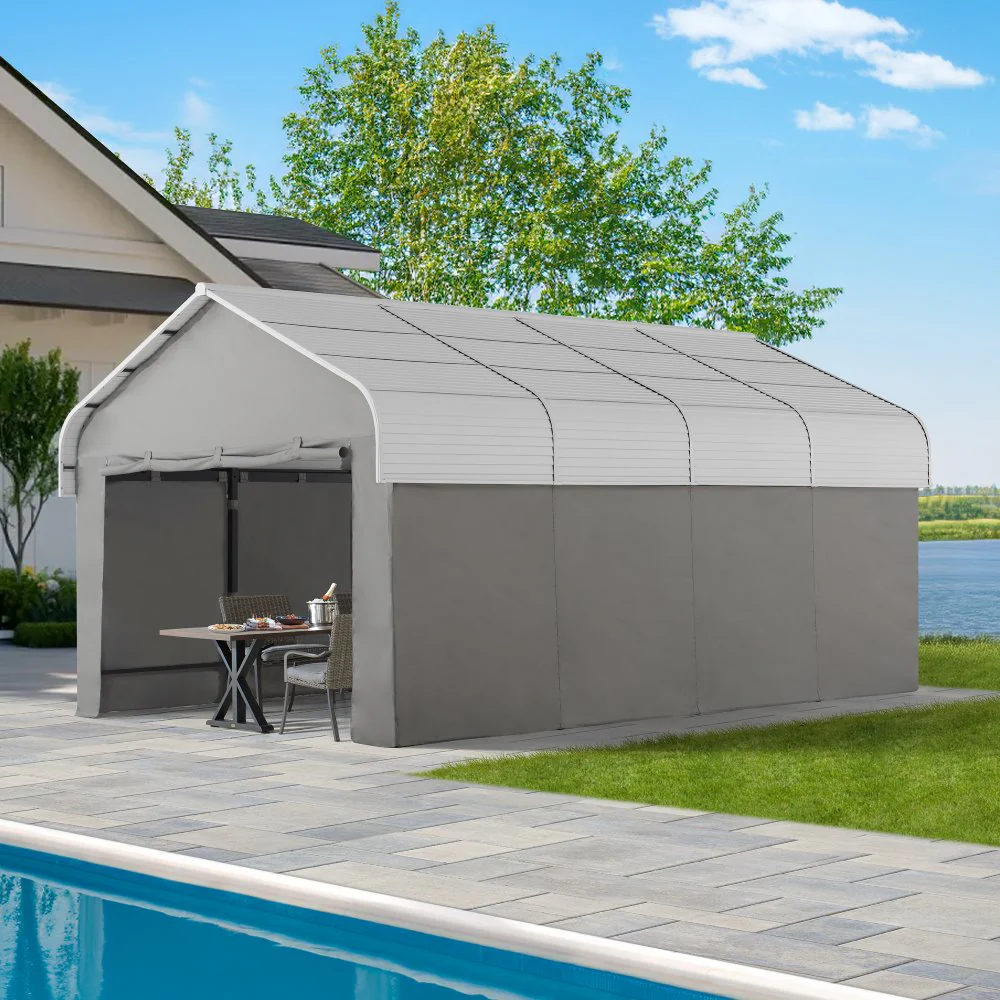 SUNJOY 12x20 Enclosed Carport Kit Metal Roof Gazebo with Fabric Cover