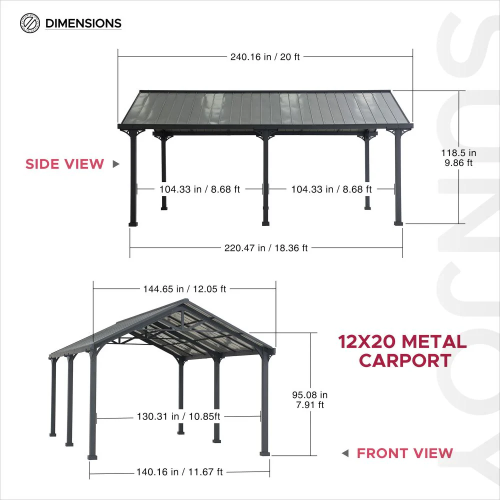 SUNJOY 12x20 Metal Carport Gable Roof Gazebo with 2 Ceiling Hooks