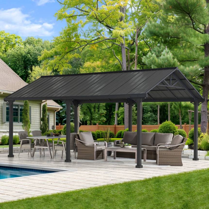 SUNJOY 12x20 Metal Carport Gable Roof Gazebo with 2 Ceiling Hooks