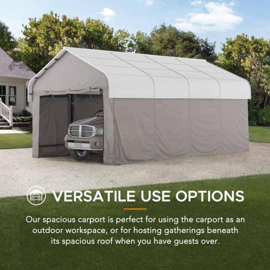 SUNJOY 12x20 Enclosed Carport Kit Metal Roof Gazebo with Fabric Cover